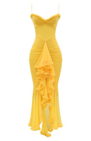 Feel your most striking in this dramatic cocktail dress featuring a waterfall of fluttery ruffles down the front and a signature powermesh lining for lots of support. Exclusive retailer Hidden back-zip closure Sweetheart neck Adjustable straps Powermesh lining 85% polyamide, 15% elastane with 100% polyester contrast Dry clean Imported House Of Cb Yellow Dress, Birthday Dress Elegant, Alex Isley, Style Language, Combo Outfits, High Low Cocktail Dress, Braces Colors, House Of Cb Dresses, High Low Maxi Dress