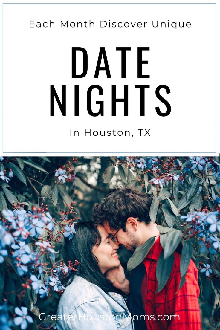 a couple kissing in front of blue flowers with the text, each month discovery unique date nights