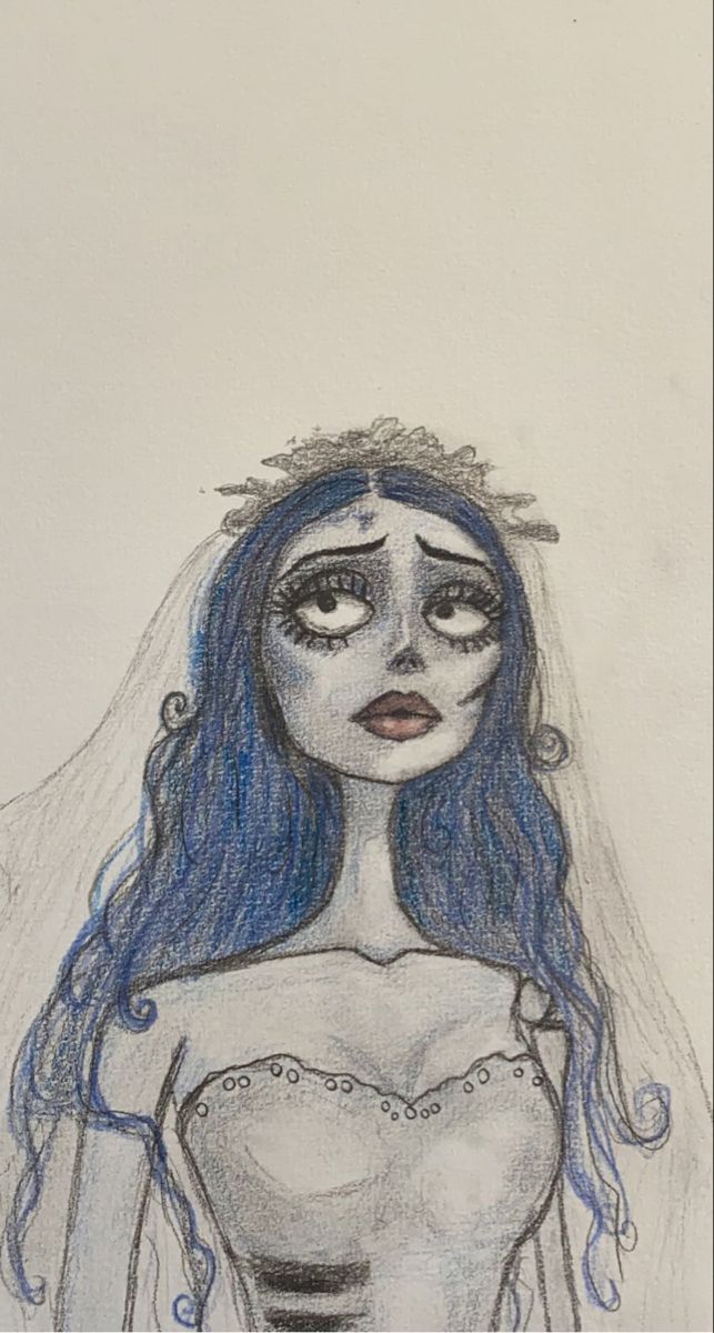 a drawing of a woman with blue hair wearing a white dress and tiara on her head