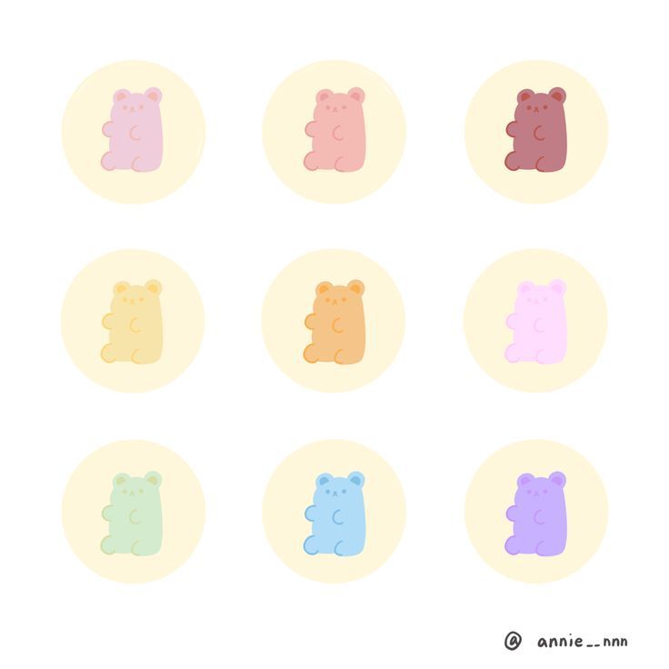 nine different colored teddy bears arranged in circles