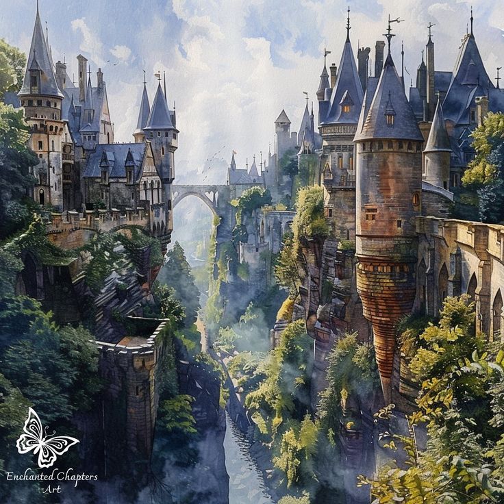 a painting of a castle in the middle of a forest