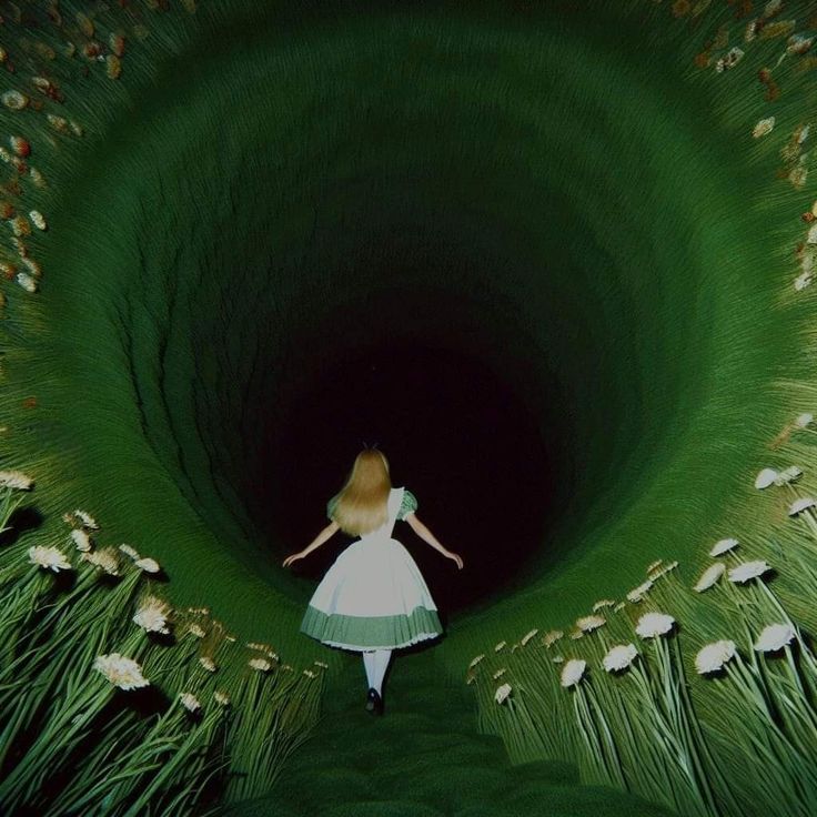 a girl standing in the middle of a green tunnel surrounded by white flowers and grass