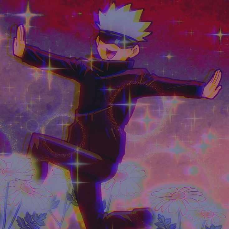 an anime character is jumping in the air with his arms spread out and eyes closed