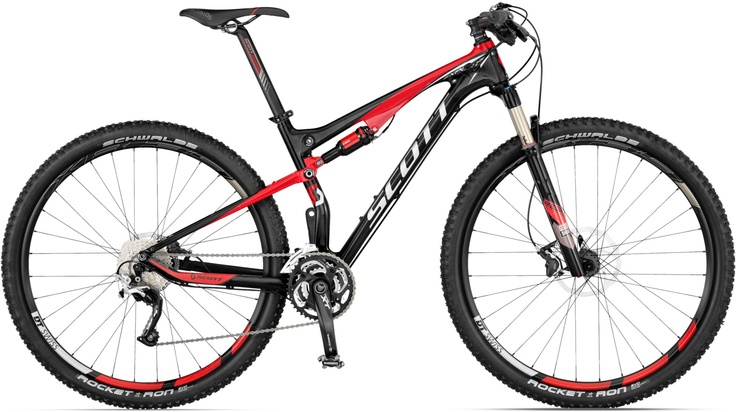 a mountain bike on a white background with red accents and black spokes, front view