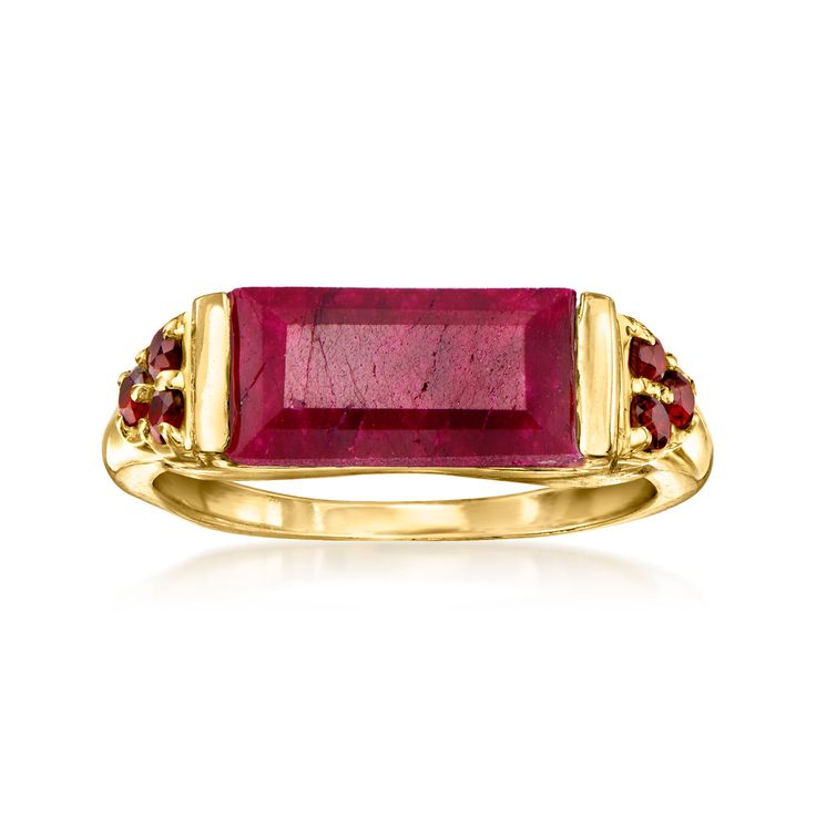 Ross-Simons - 6.00ct Ruby, .50ct t. w. Garnet Ring in 18kt Gold Over Sterling. Size 5. Embolden any outfit with the impactful look of a new statement ring - it works like a charm every time! This unique design presents a 6.00 carat ruby baguette between fiery trios of .50 ct. t. w. round garnets. Crafted in 18kt yellow gold over sterling silver. 1/4" wide. Garnet and ruby ring. Garnet birthstones are the perfect gift for January birthdays. Ruby Ring Designs, Garnet Stone Ring, Garnet Wedding Rings, Ruby Wedding Rings, Garnet Wedding, Garnet Birthstone, Garnet Ring, Garnet Stone, Enamel Ring