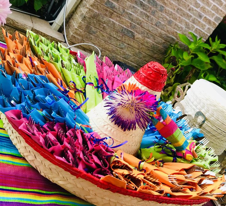 a basket filled with lots of different colored items