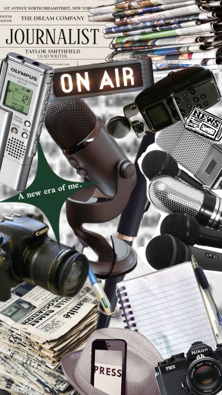 a collage of various objects including a microphone, camera and other items on display