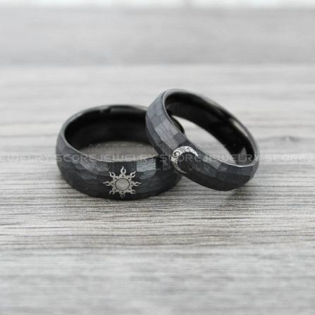 Sun And Moon Wedding, Moon Rings, Space Rings, Sun And Moon Rings, Ring Moon, Sun Ring, Moon Wedding, Rings Black, Tungsten Carbide Wedding Bands