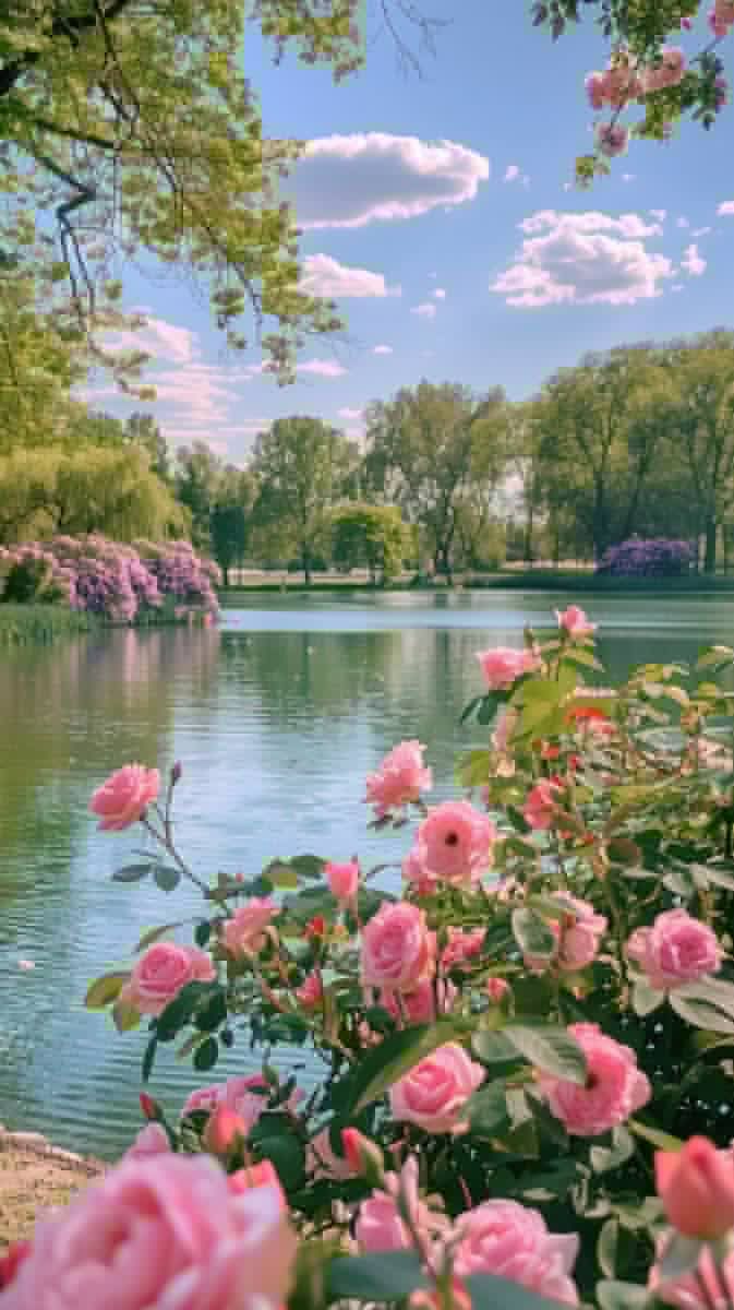 pink roses are blooming along the edge of a lake