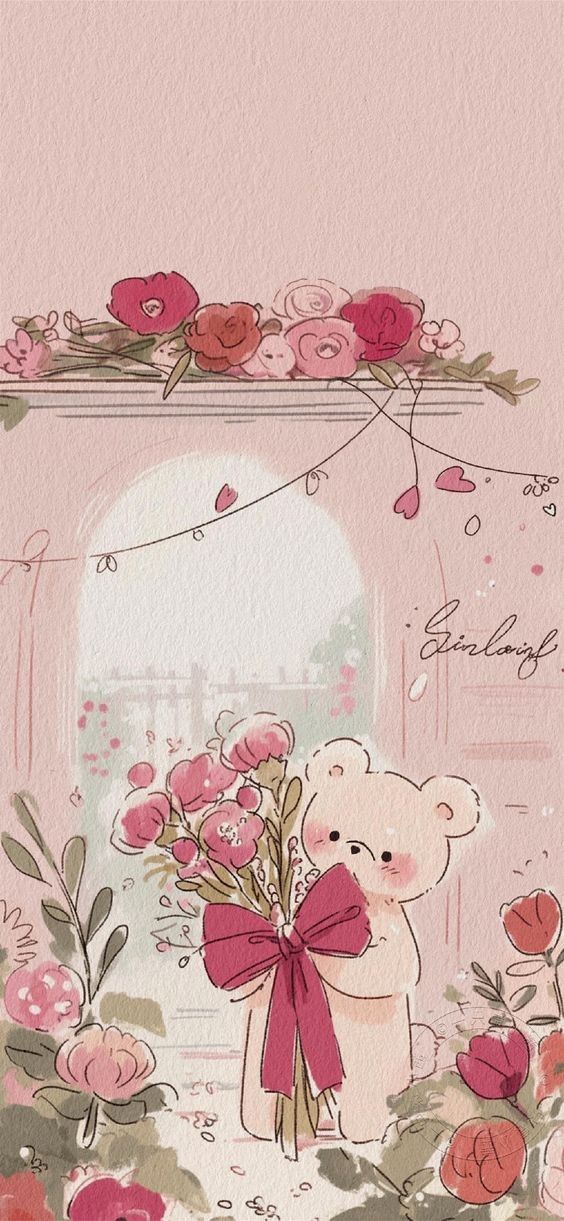 a painting of a teddy bear holding flowers