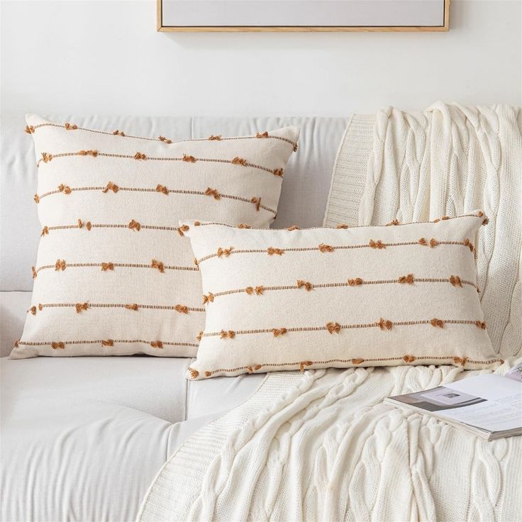 two decorative pillows on a white couch