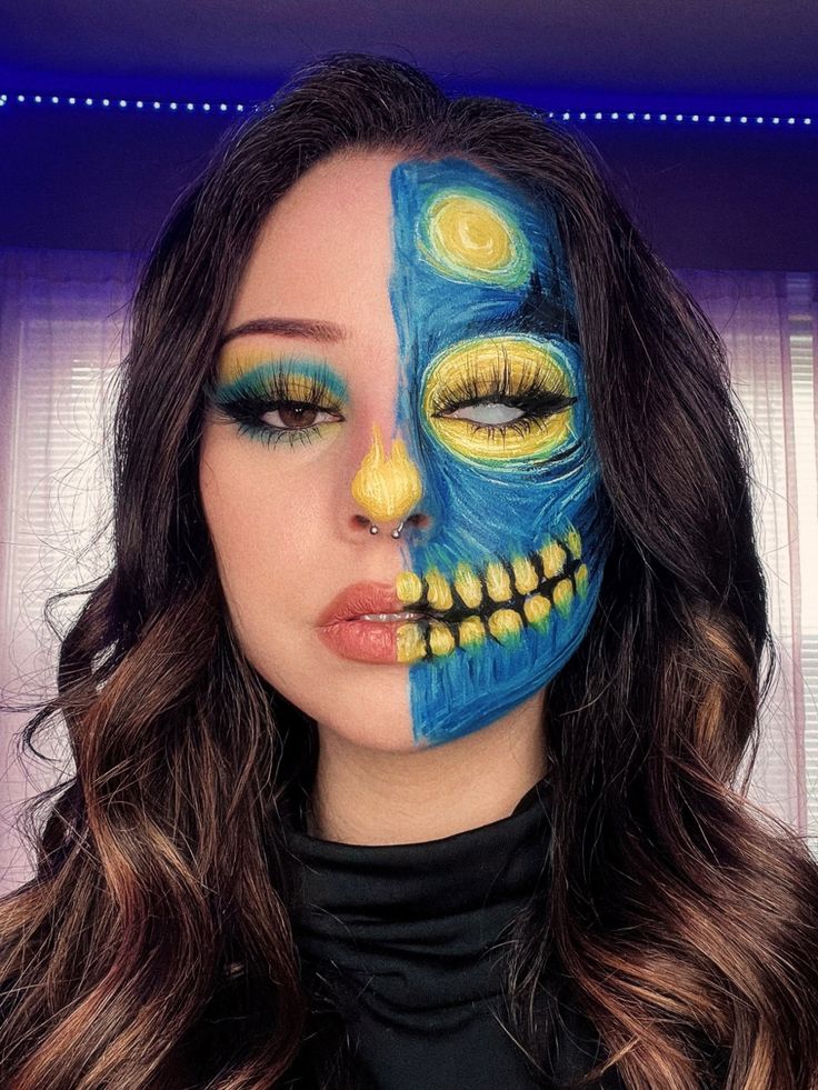 dmarinabeauty on all socials 💖 Starry Night Makeup, Van Gogh Skull, Creative Halloween Makeup, Makeup Creative, Creepy Halloween Makeup, Cute Halloween Makeup, Halloween Makeup Diy, Desain Buklet, Top Nails