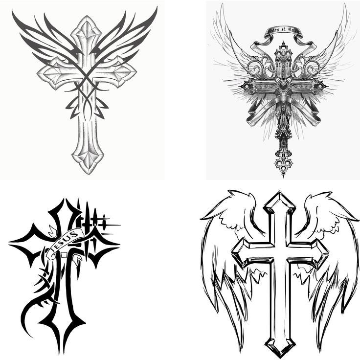 four different types of cross tattoos on white paper, each with an angel's wing and