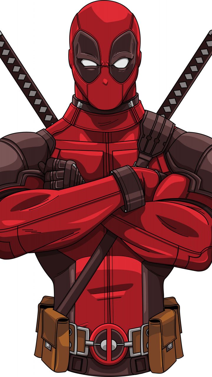 a deadpool character is standing with his arms crossed and two swords in his hands