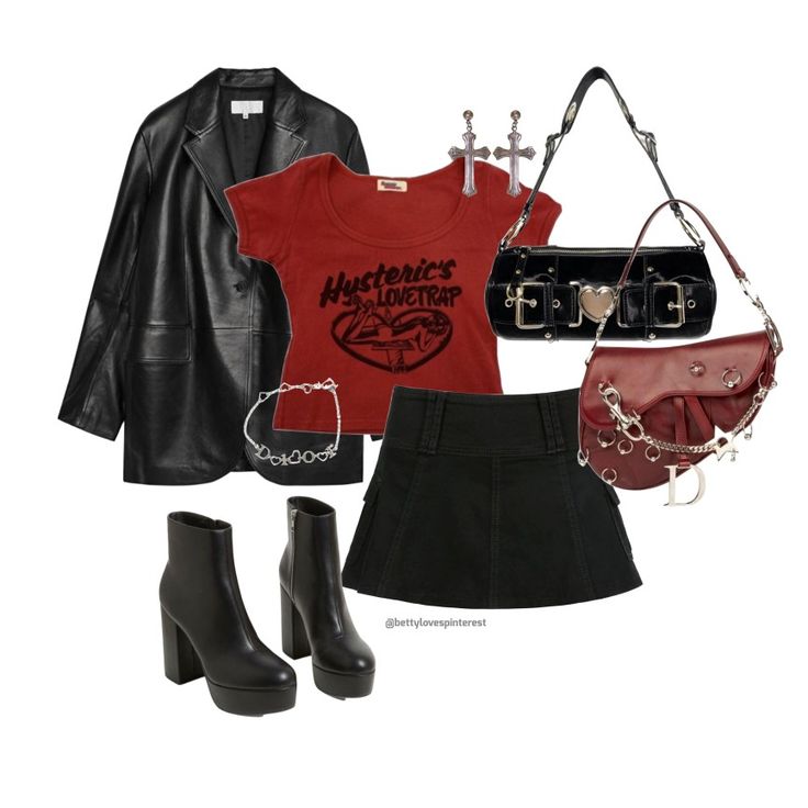 Red And Black Outfits Summer, Cherry Fashion Aesthetic, Black And Red Outfit Classy, Outfit Ideas Png, Red And Black Outfits, Rockstar Girlfriend, Rockstar Gf, Oufits Casual, Alt Outfits