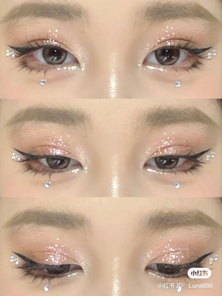 Prom Makeup With Rhinestones, Eye Makeup With Gems, Rising Pisces, Rhinestone Eye Makeup, Douyin Nails, Seventeen Concert, Gem Makeup, Makeup Douyin, Concert Makeup