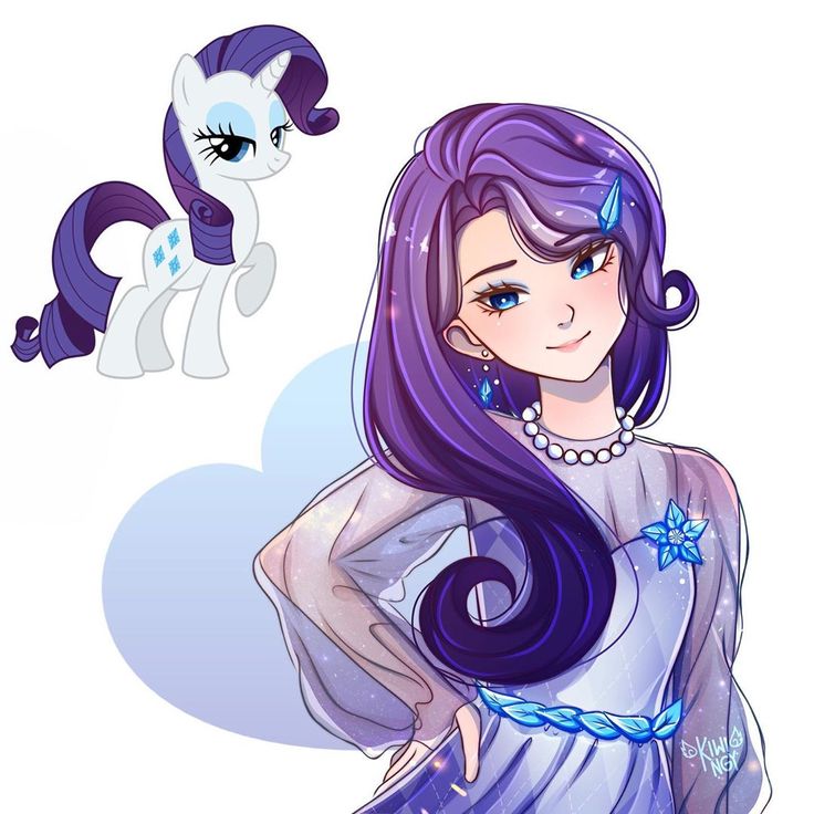 a drawing of a girl with long purple hair and a pony on her head, standing next to each other