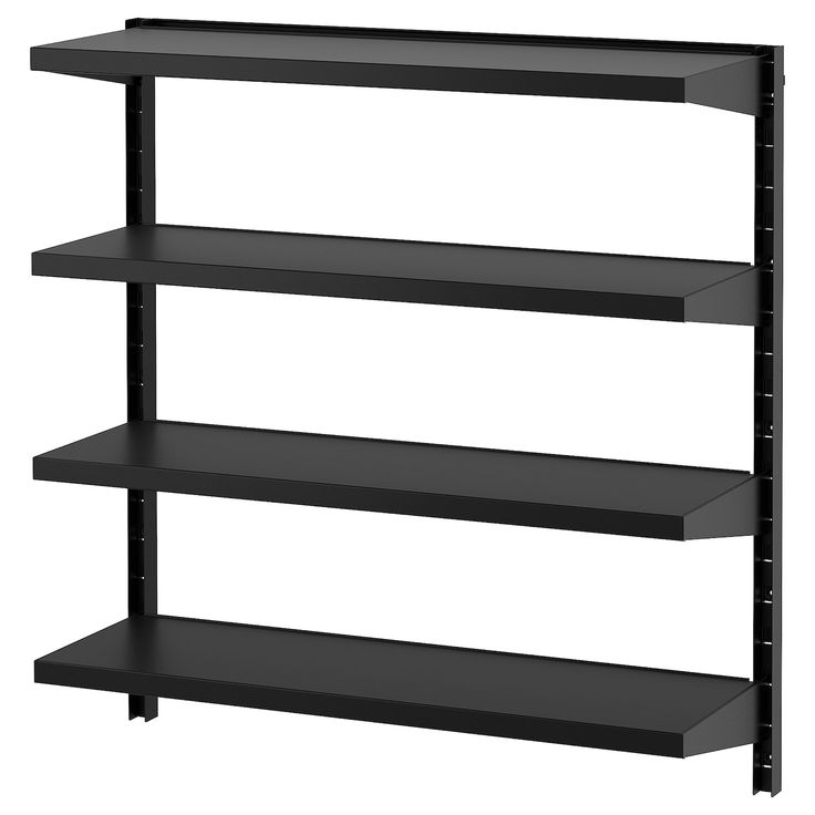 three black shelving units with four shelves on each side and one shelf above the other