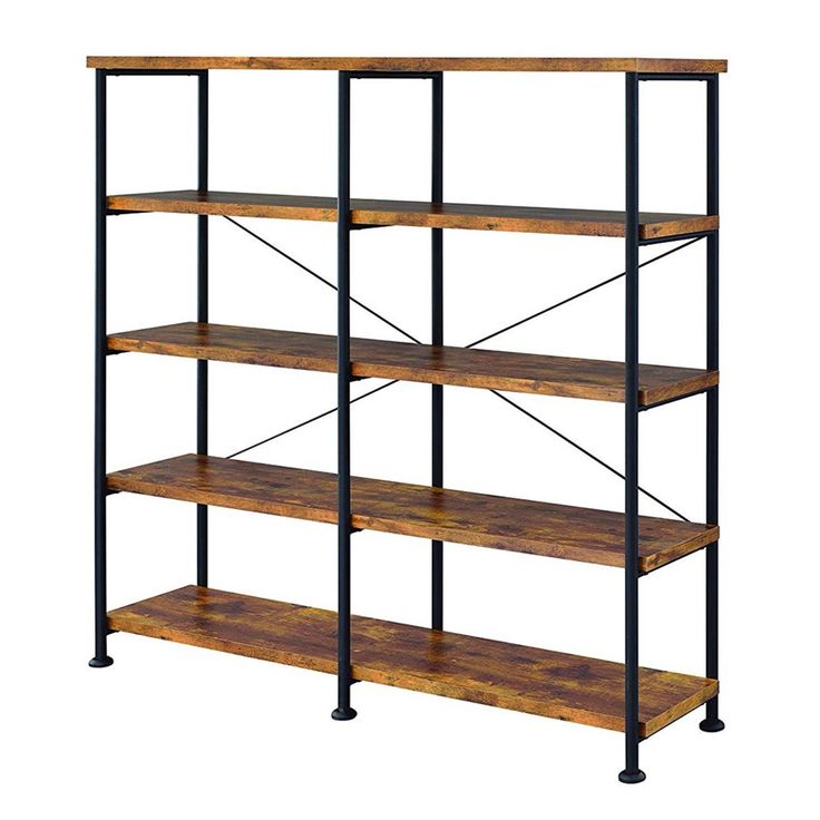 an industrial style shelving unit with four shelves and two metal pipes on each side