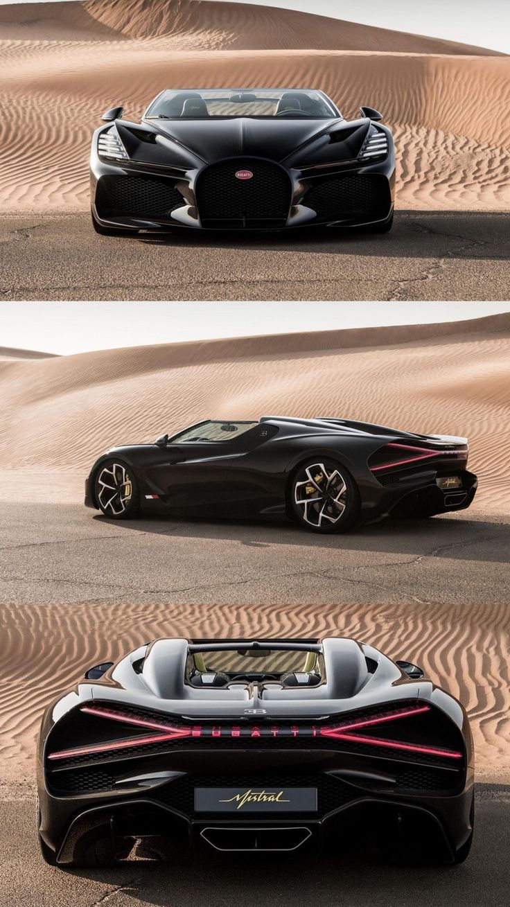 the bugatti supercar is shown in three different views, with sand dunes behind it