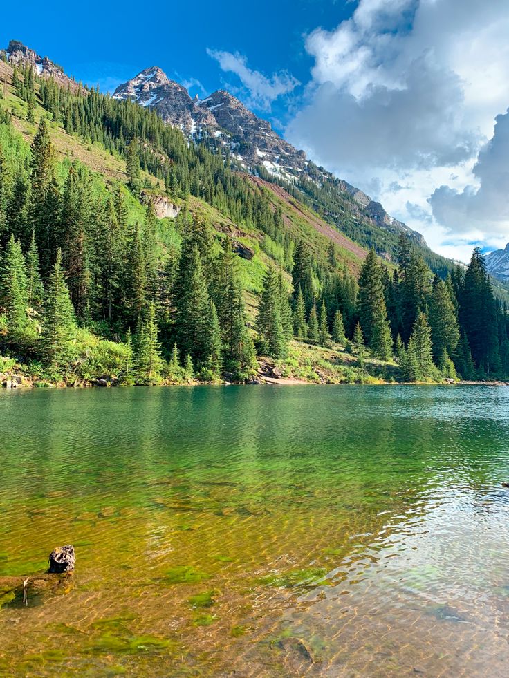 a mountain lake surrounded by trees and grass