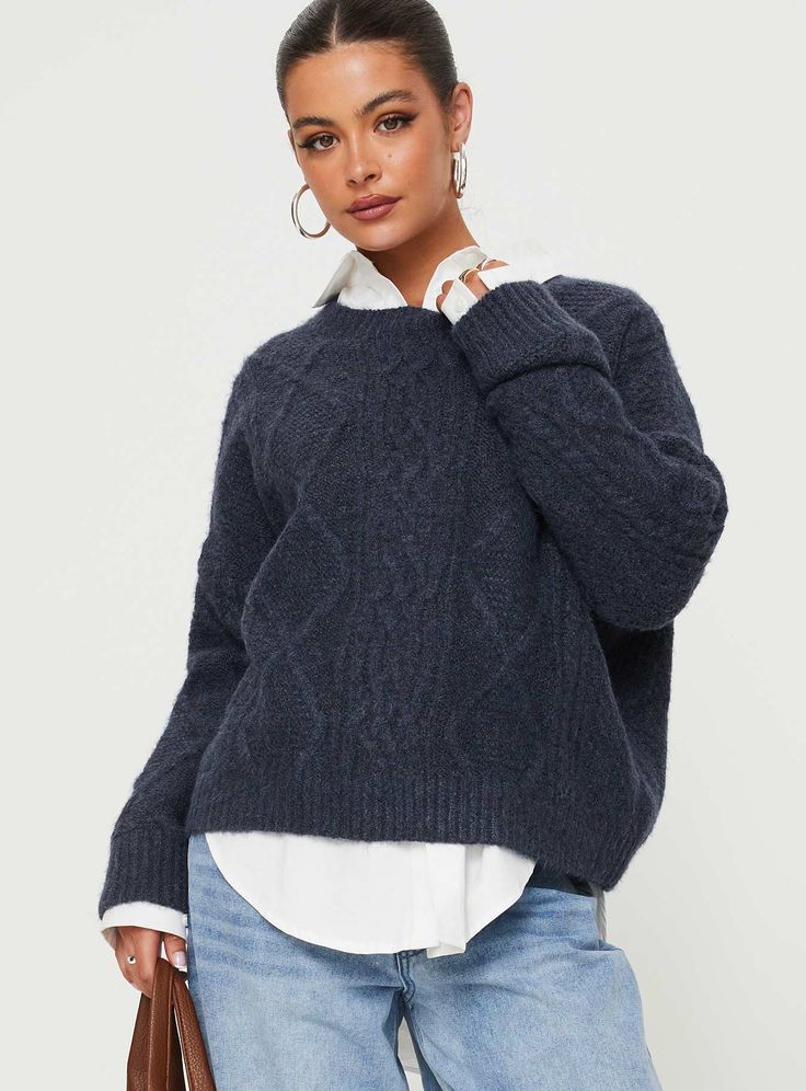 Cable knit sweater Good stretch, unlined Princess Polly Lower Impact 97% reclaimed polyester 3% elastane Cold hand wash Princess Polly Sweater, Vneck Sweater Outfit, Blue Vneck Sweater, Paris Trip Outfits, Navy Cable Knit Sweater, Cable Knit Sweater Outfit, Wardrobe Planner, Knit Sweater Outfit, Stitch Sweater