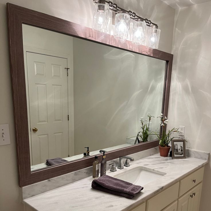 a bathroom vanity with a large mirror above it and a potted plant on the counter