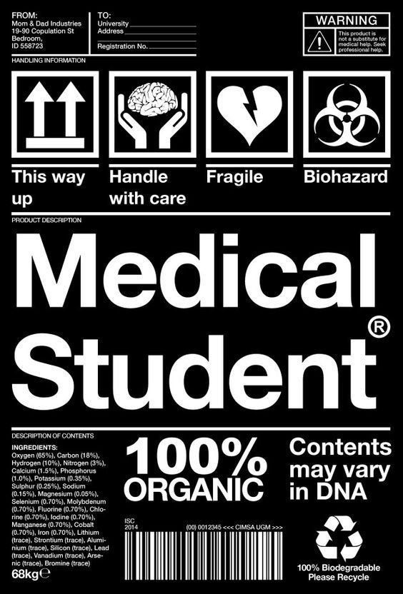 the label for medical student's organic products is shown in white on black background