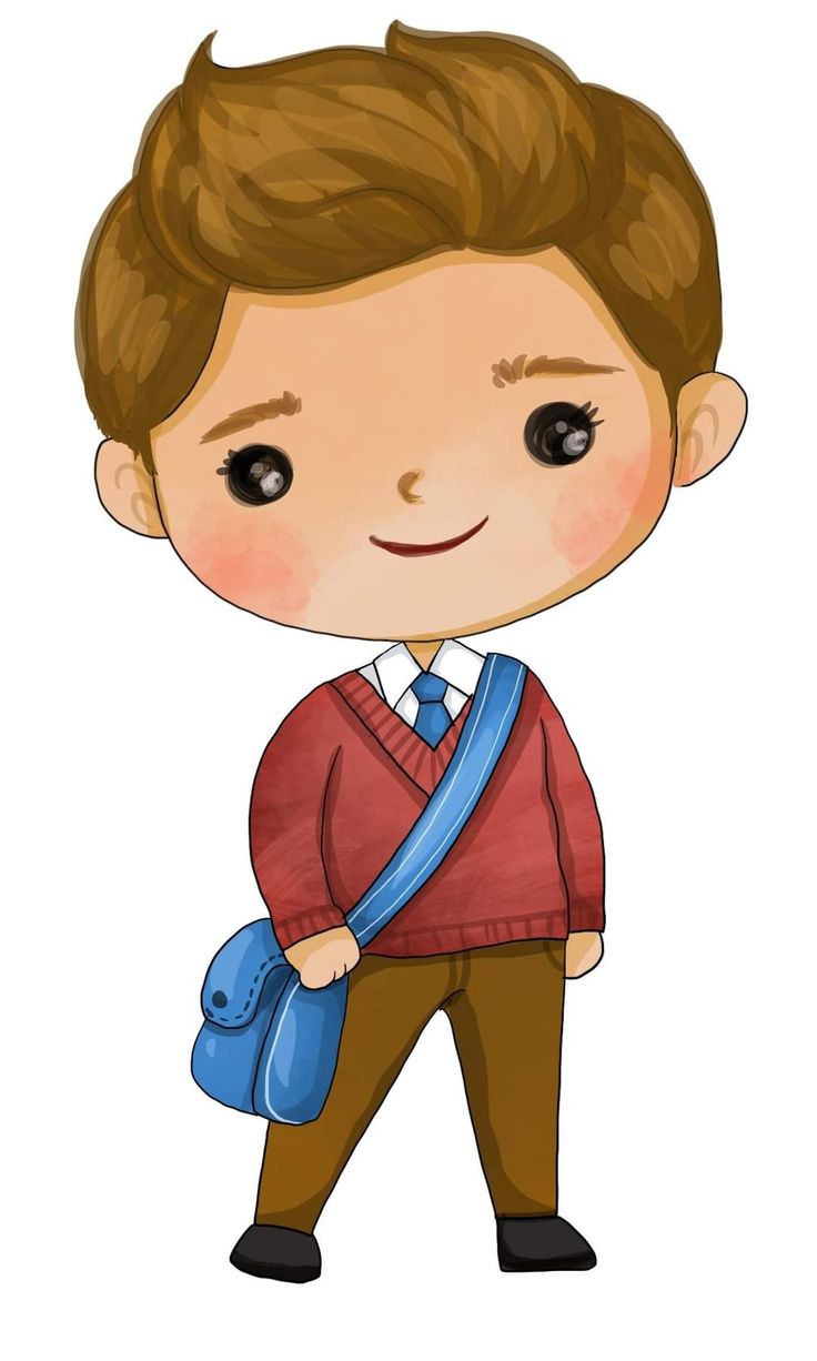 a boy with brown hair wearing a red sweater and blue tie holding a blue bag