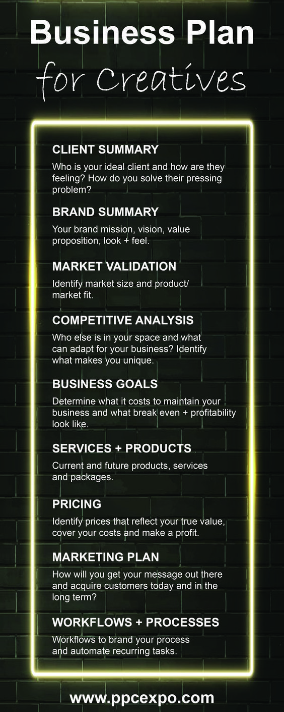 the business plan for creatives is shown in black and white with neon lights above it