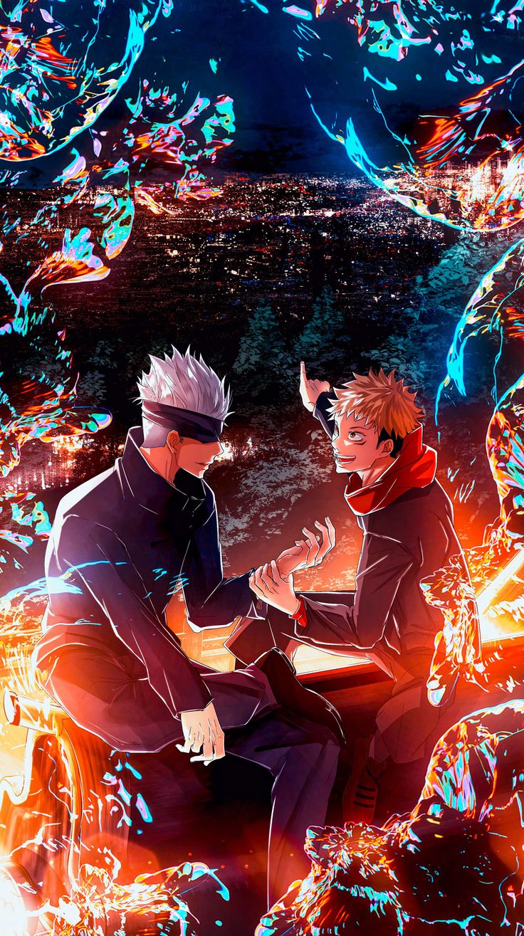 two anime characters sitting next to each other in front of an orange and blue background