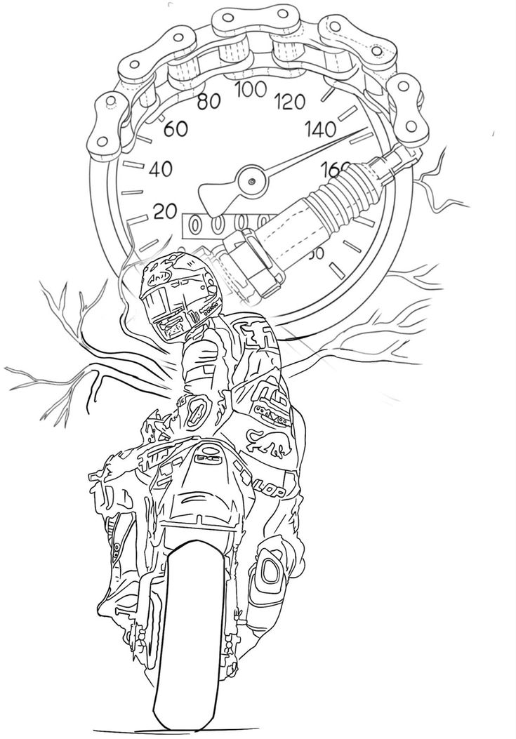 a drawing of a motorcyclist on a motorcycle with speedometer in the background