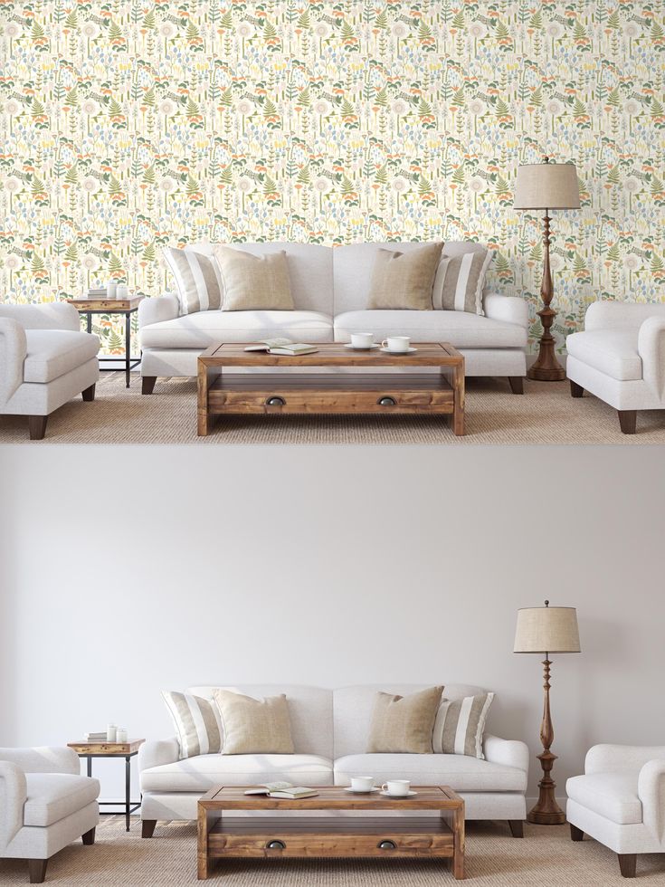 two pictures of a living room with white furniture and beige pillows on the couches