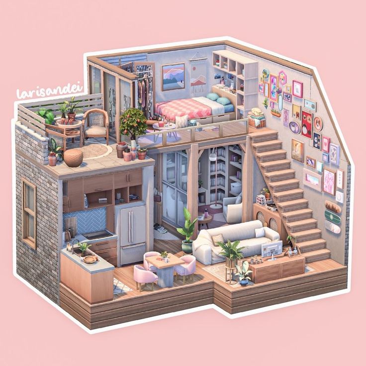 an image of a doll house with furniture and decor on the top floor, as well as stairs leading up to the second floor