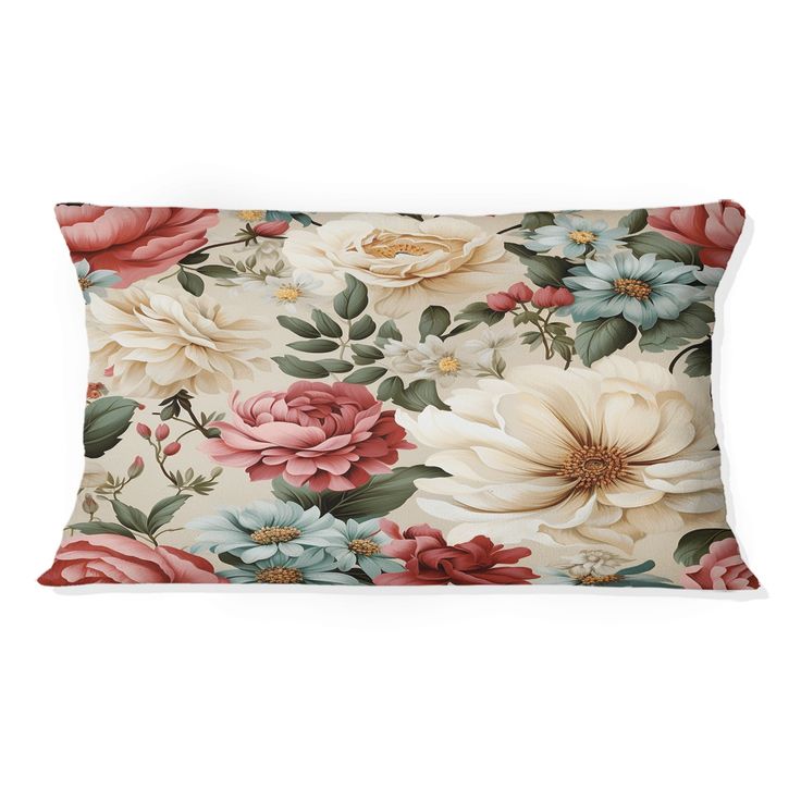 an image of a floral pillow on a white background with red, blue and pink flowers