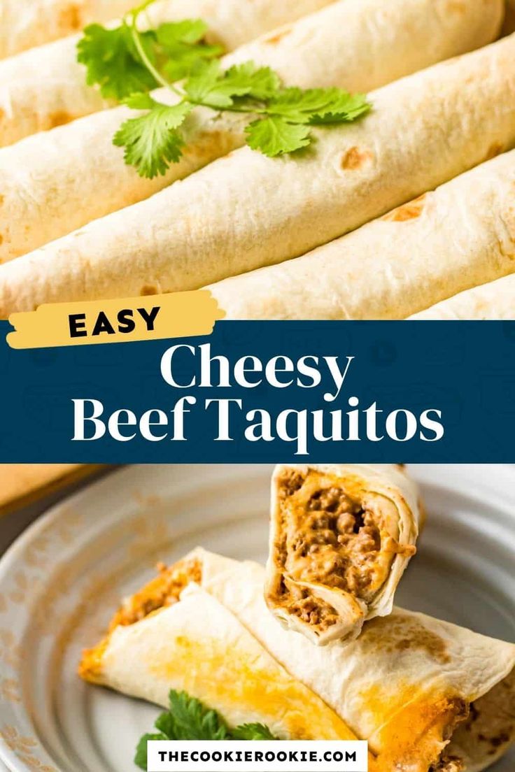 two different types of burritos on a plate with the text cheese beer taquitos