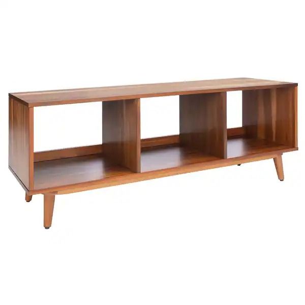 a wooden shelf with three shelves on one side and two open ones on the other