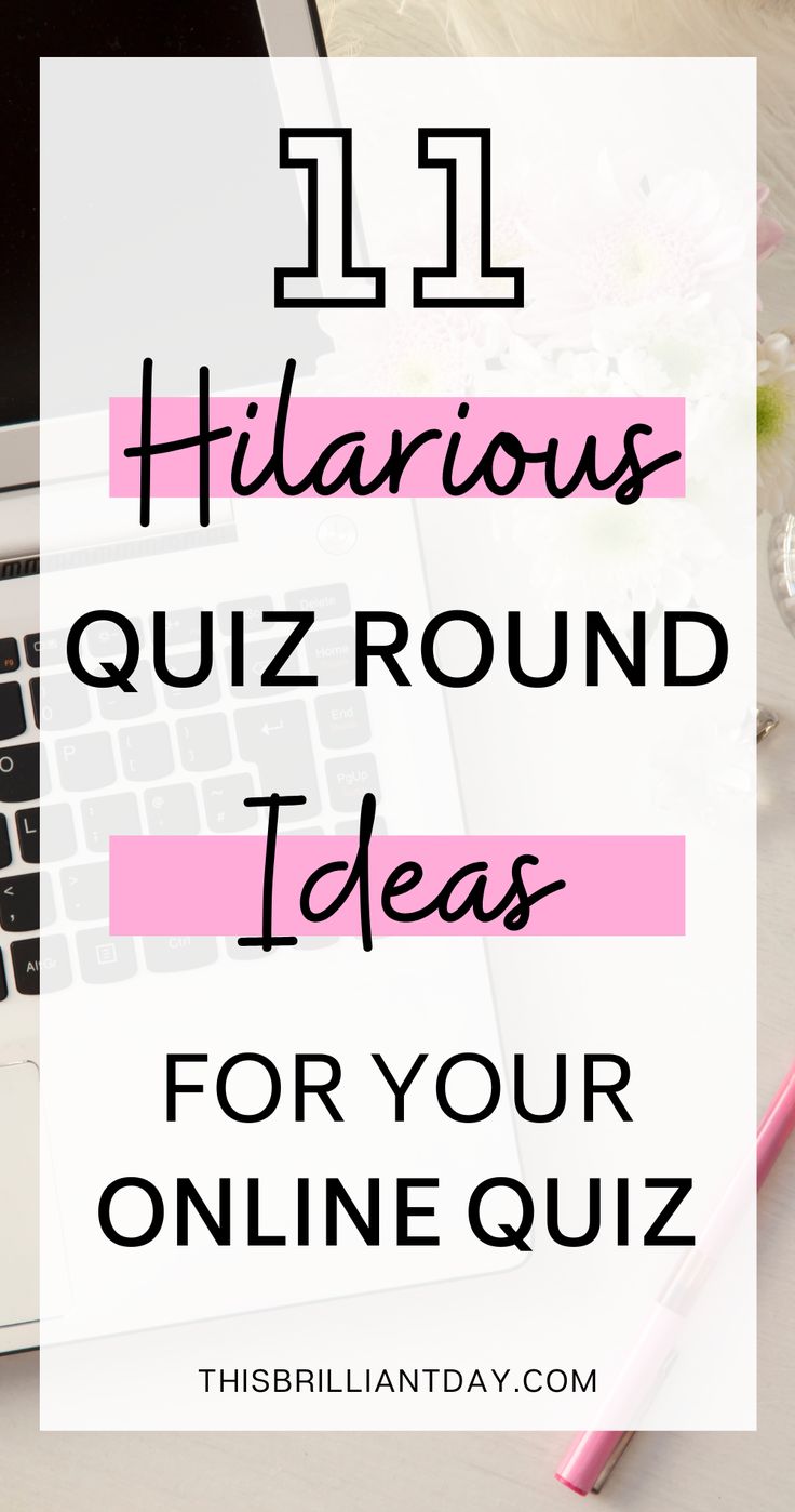 a laptop with the words 11 hilarious quiz round ideas for your online quiz