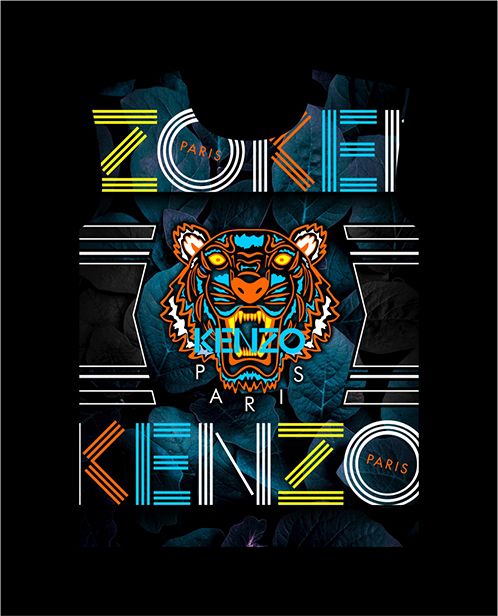 an image of a tiger with the words kenzo on it's back ground