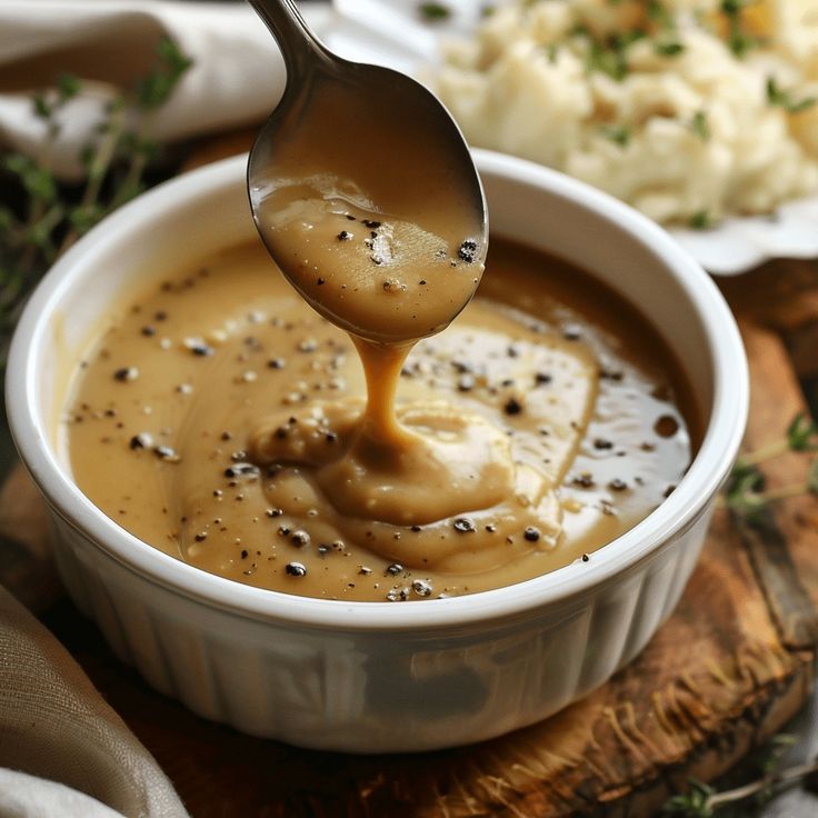 a spoon full of gravy being held over a bowl filled with mashed potatoes