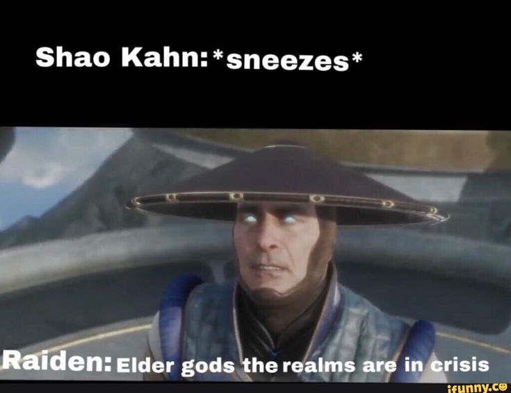 an image of a man wearing a hat with the caption shao kahn sneezes