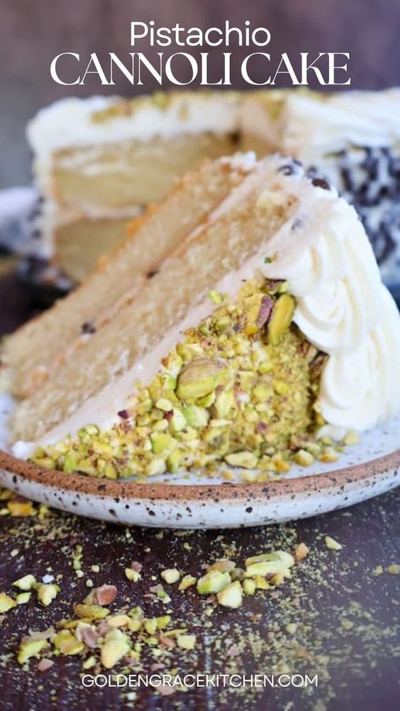 a slice of pistachio cannoli cake on a plate