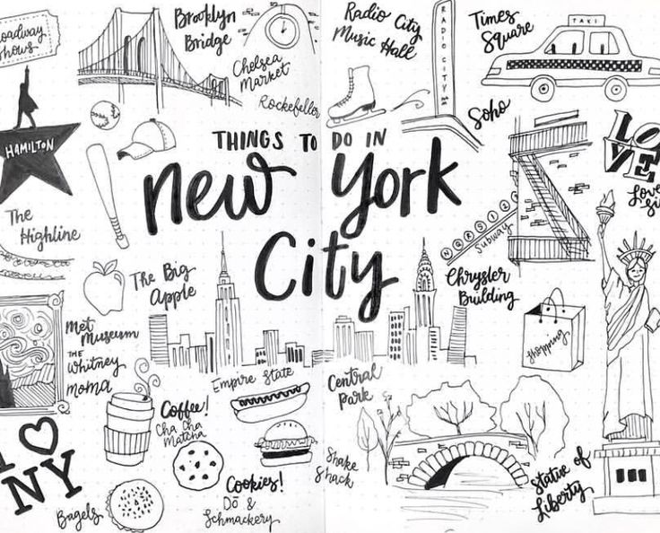 the new york city doodle book is open and has many different things drawn on it