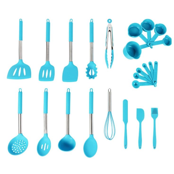 blue kitchen utensils and spatulas on a white background