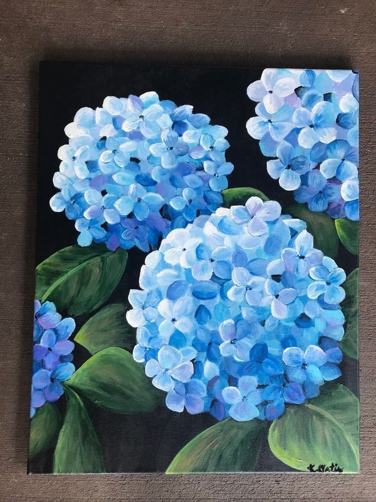 a painting of blue flowers on a black background