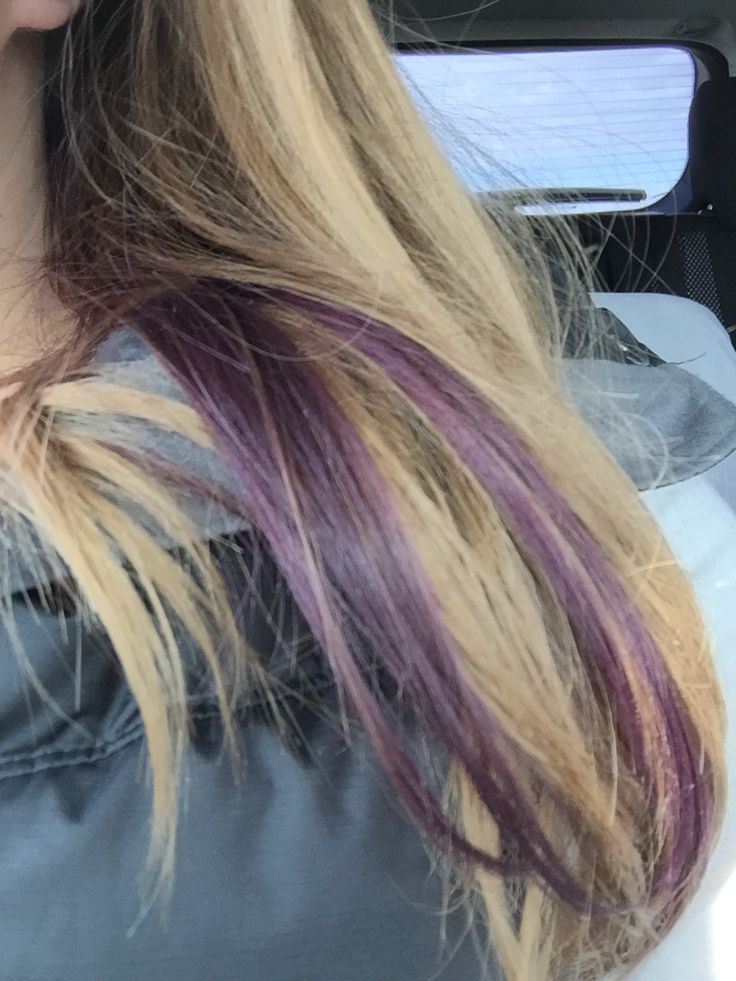 Hair Streaks For Blonde Hair, Light Brown Hair With Purple Streaks, Hair Streaks Purple, Purple And Light Brown Hair, Purple Strands In Brown Hair, Purple Underdye Hair Blonde, Purple Streaked Hair, Streaks Of Purple In Hair, Purple Streak In Brown Hair