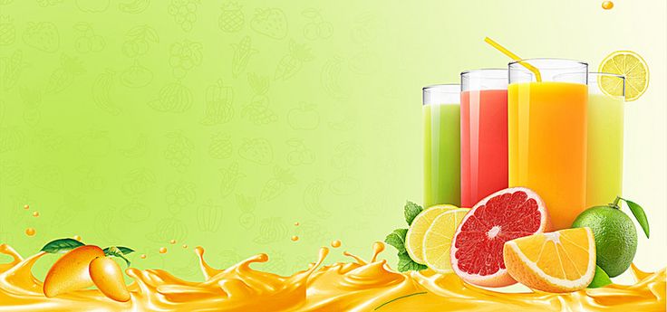 three glasses filled with oranges, grapefruit and watermelon on a green background