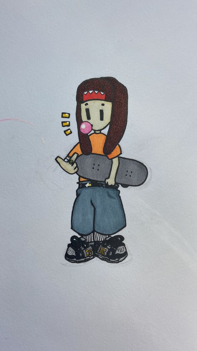 a drawing of a girl with a skateboard in her hands and an object behind her