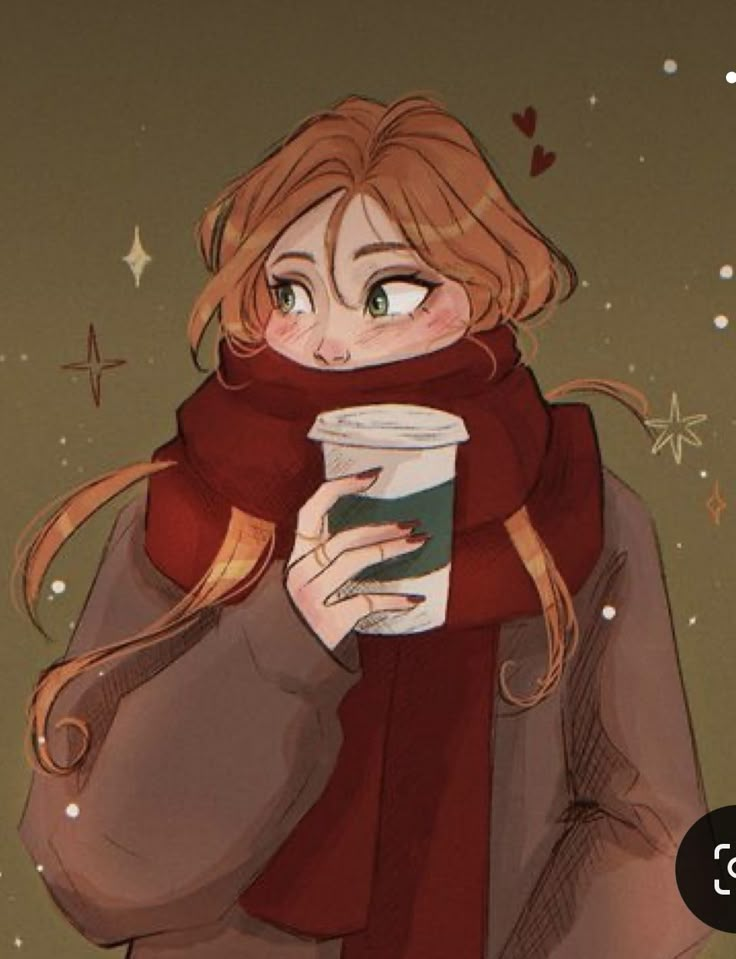 a woman holding a cup of coffee in her right hand and wearing a scarf around her neck