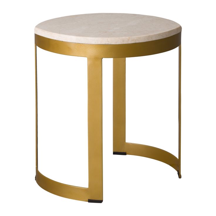 a round table with a gold metal frame and marble top, on a white background